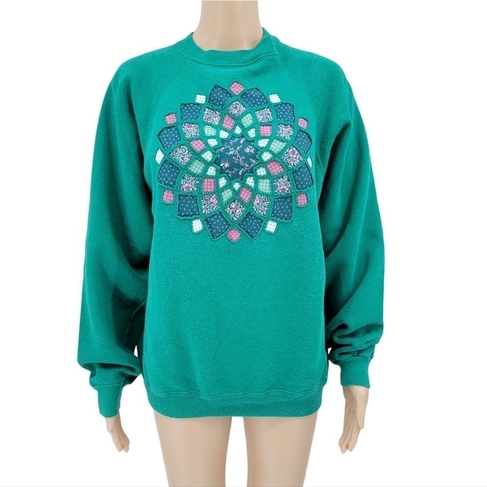 Hanes Sport Women's Vintage Green Crewneck Sweatshirt Quilted Inset Grannycore